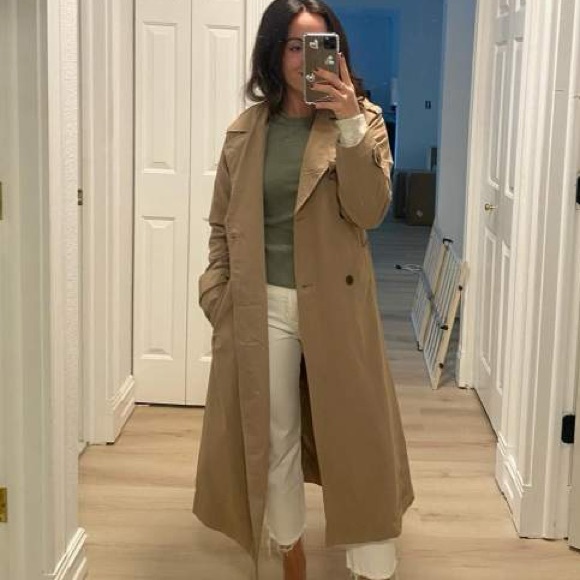 Tan beige button front belted midi trench coat - Picture 8 of 8